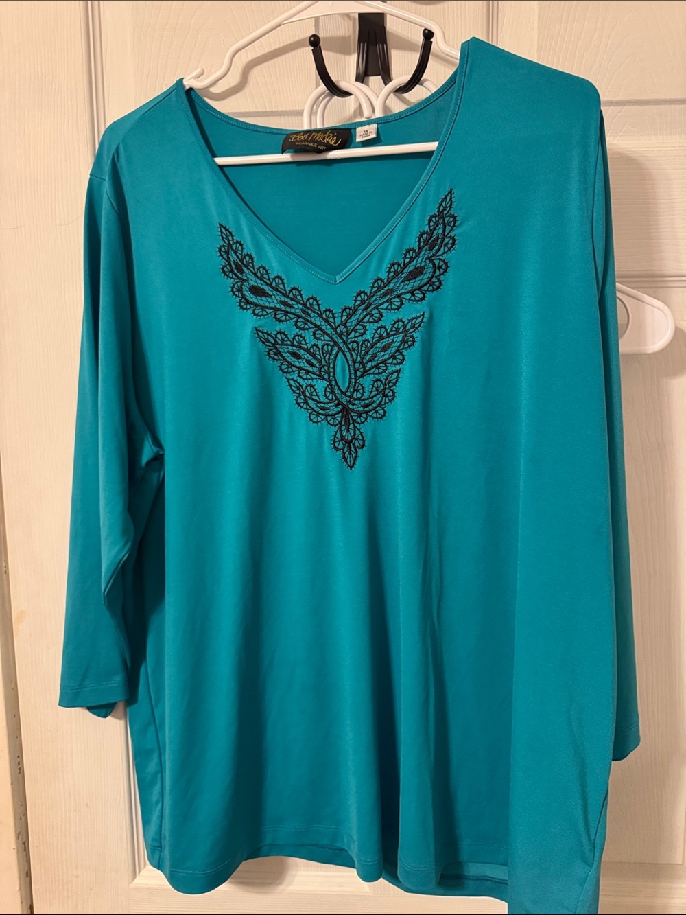 Bob Mackie Teal V-Neck Long Sleeve Top with Black Embroidery